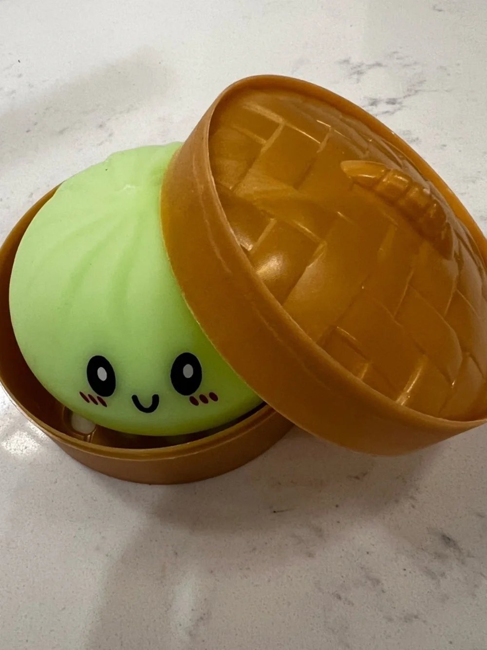 Kawaii Green Bun Squishy in Brown Steamer Case
